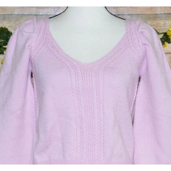 & Merci Ladies Pink Cropped Sweater L V-Neck Puff Sleeve Casual Cottage Core - Picture 2 of 9
